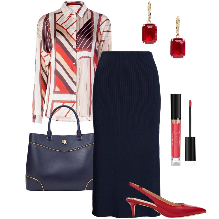Outfit donna - La camicia chic. Stile Chic per Cerimonia. Abbinamento con rossetti, camicie, décolleté, orecchini, gonne, borse a mano.