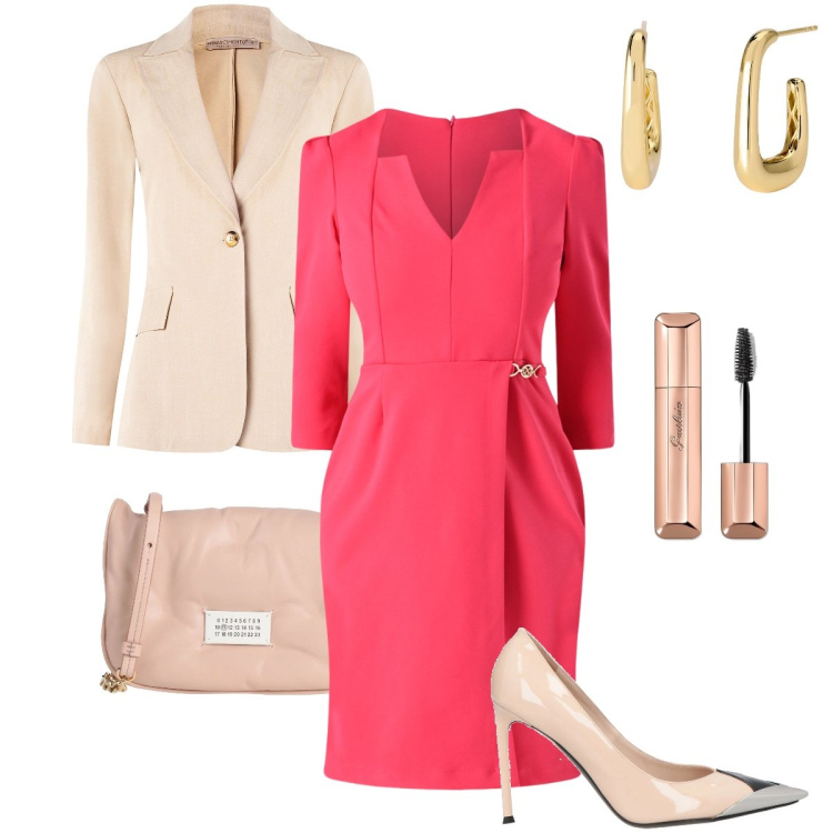 Outfit donna - Elegante in primavera. Stile Bon Ton per Cerimonia. Abbinamento con décolleté, borse a tracolla, mascara, orecchini, vestiti a tubino, blazer.