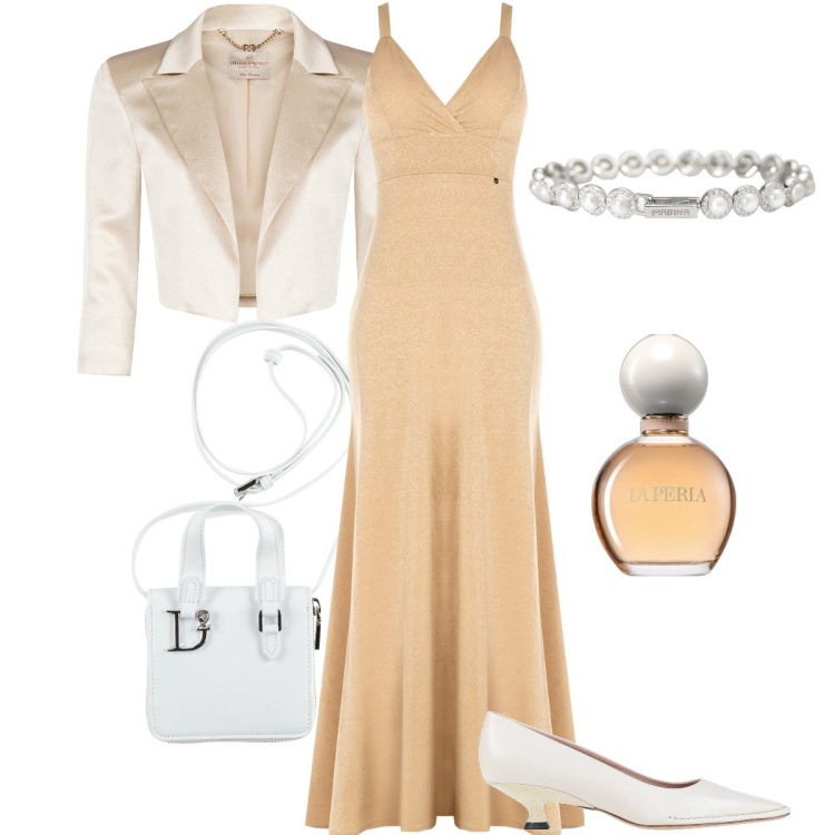 Outfit donna - Color pesca. Stile Chic per Cerimonia. Abbinamento con décolleté, portafogli, profumi, braccialetti, bolero, vestiti lunghi.
