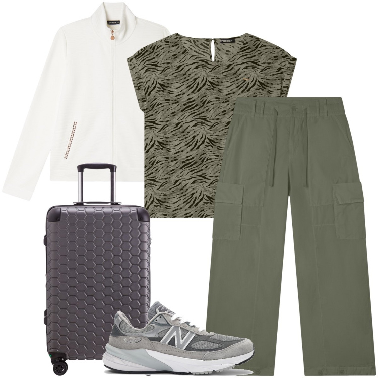 Outfit donna - Verde salvia sporty chic. Stile Sporty chic per Sport. Abbinamento con sneakers, pantaloni cargo, felpe, t-shirt, valigie.