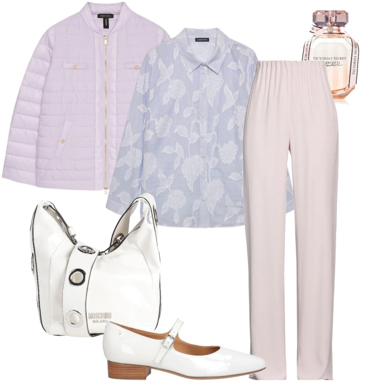 Outfit donna - Lilla primaverile. Stile Vintage retrò per Ufficio. Abbinamento con borse a tracolla, pantaloni, ballerine, profumi, piumini, camicie.