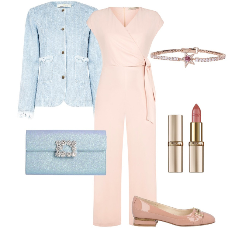 Outfit donna - Tonalità fresche. Stile Romantica per Cerimonia. Abbinamento con ballerine, borse a mano, rossetti, braccialetti, tute, blazer.