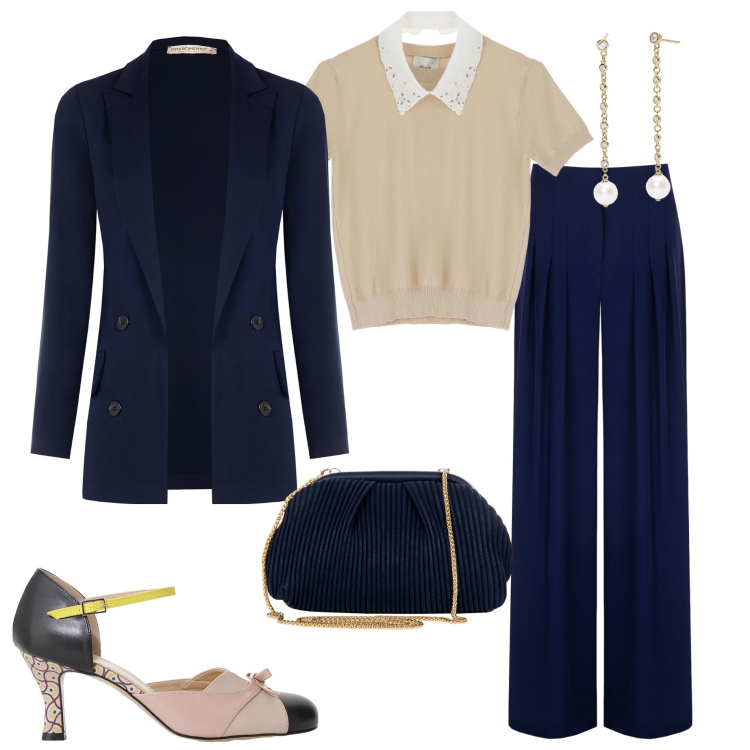 Outfit donna - Elegante in primavera. Stile Chic per Serata fuori. Abbinamento con maglieria, décolleté, orecchini, pantaloni a palazzo, blazer, pochette.