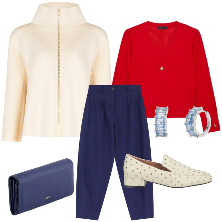 Outfit donna - Cappe e mantelle a marzo. Stile Chic per Ufficio. Abbinamento con mocassini, orecchini, cappe, pantaloni, cardigans, portafogli.