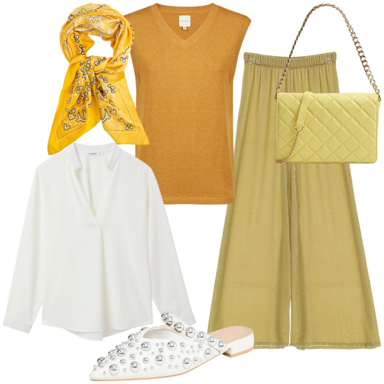 Outfit donna - Pranzo all\' aperto. Stile Chic per Tutti i giorni. Abbinamento con ballerine, camicie, borse a tracolla, pantaloni, maglieria, foulard.