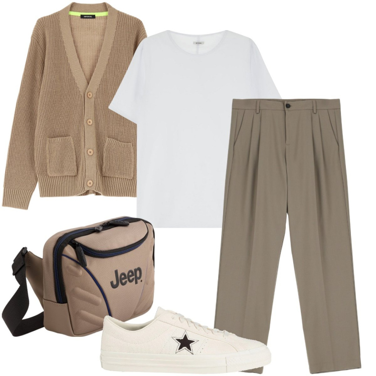 Outfit uomo - Stili a contrasto. Stile Urban per Tutti i giorni. Abbinamento con sneakers, t-shirt, pantaloni, cardigans, borse sportive.