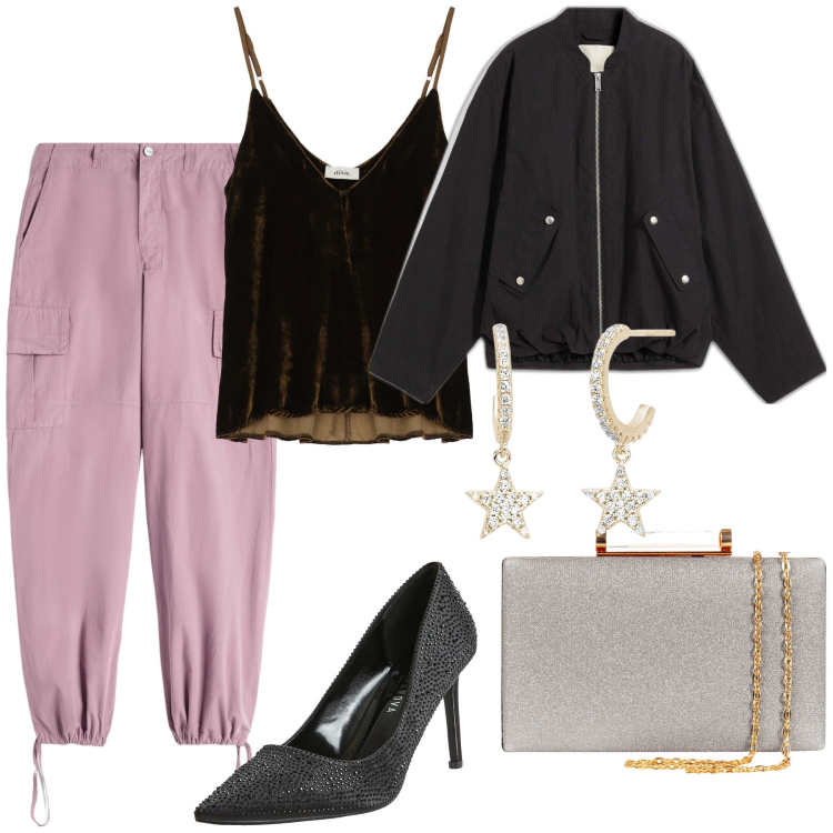 Outfit donna - Aperitivo e serata. Stile Glamour per Serata fuori. Abbinamento con bomber, décolleté, orecchini, clutch, pantaloni cargo, canottiere.