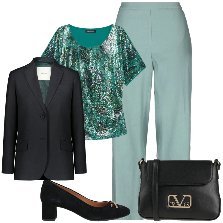 Outfit donna - Total look #2085921. Stile Bon Ton per Serata fuori. Abbinamento con pantaloni, borse a tracolla, décolleté, blazer, t-shirt.