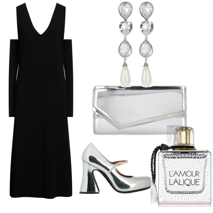 Outfit donna - Ah l amour. Stile Chic per Serata fuori. Abbinamento con vestiti midi/longuette, décolleté, profumi, orecchini, pochette.