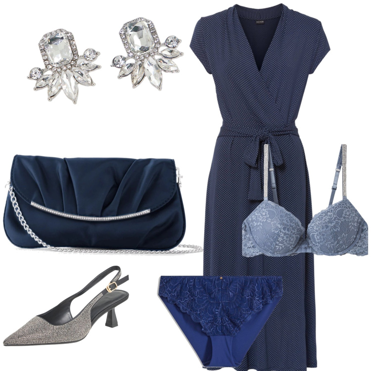 Outfit donna - Cerimonia in blu. Stile Bon Ton per Cerimonia. Abbinamento con pochette, vestiti midi/longuette, culotte, décolleté, reggiseni a balconcino, orecchini.