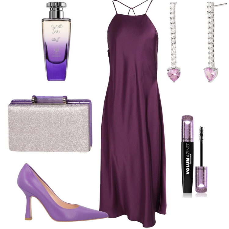 Outfit donna - Abito da cocktail. Stile Glamour per Serata fuori. Abbinamento con vestiti midi/longuette, décolleté, mascara, profumi, orecchini, pochette.