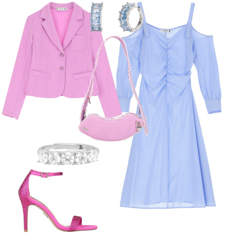 Outfit donna - Total look #2085934. Stile Chic per Cerimonia. Abbinamento con borse a spalla, sandali col tacco, orecchini, anelli, vestiti, blazer.