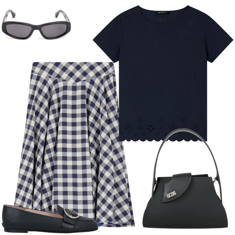 Outfit donna - Total look #2085938. Stile Chic per Tutti i giorni. Abbinamento con borse a mano, mocassini, t-shirt, gonne, occhiali da sole.