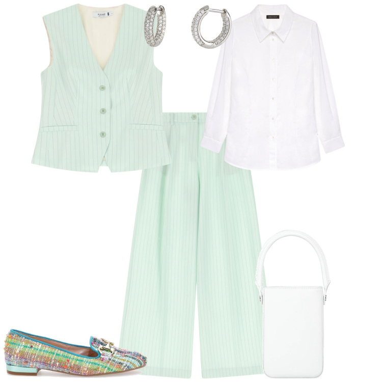 Outfit donna - Total look #2085939. Stile Chic per Ufficio. Abbinamento con borse a mano, orecchini, gilet, pantaloni a palazzo, mocassini, camicie.