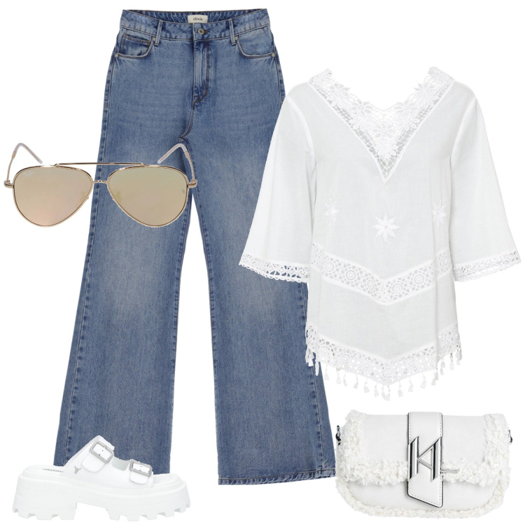 Outfit donna - Total look #2085941. Stile Casual chic per Tutti i giorni. Abbinamento con tuniche, sandali col tacco, borse a spalla, jeans, occhiali da sole.