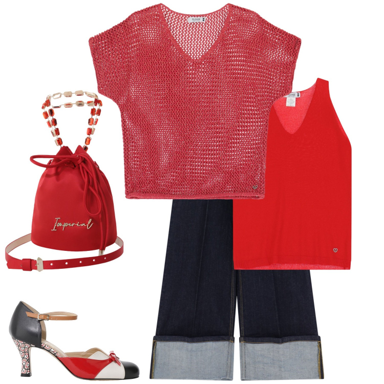 Outfit donna - Rete e rete. Stile Casual chic per Serata fuori. Abbinamento con maglieria, top, borse a secchiello, décolleté, jeans.