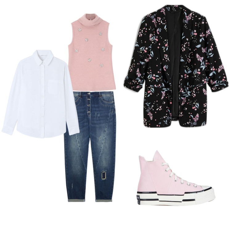 Outfit donna - Pink flower. Stile Romantica per Tutti i giorni. Abbinamento con blazer, sneakers alte, camicie, maglieria, jeans strappati.