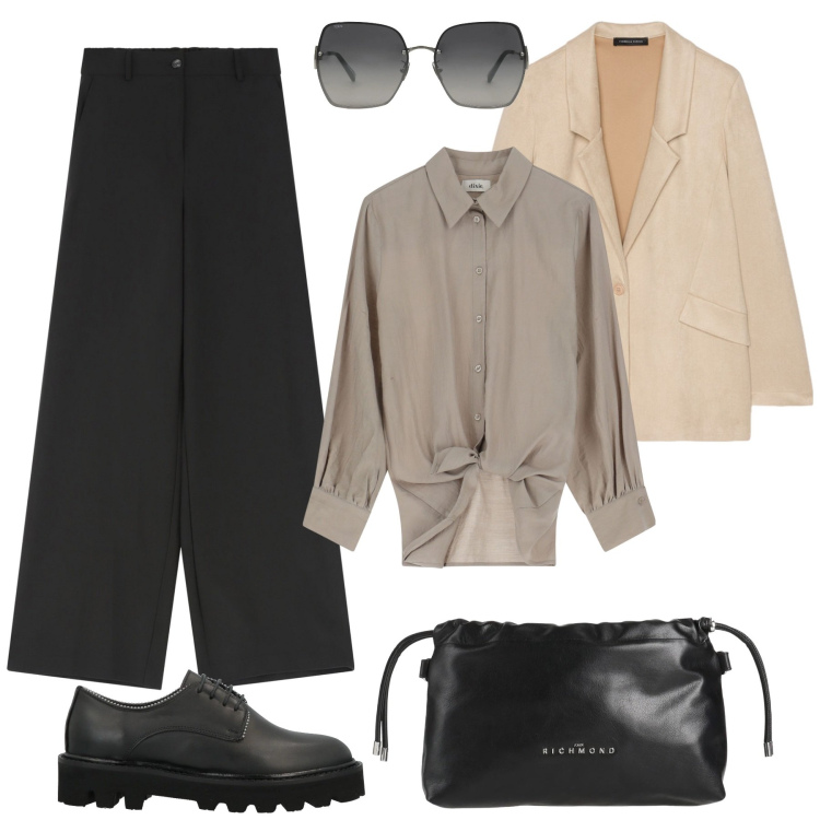 Outfit donna - Camicia e pantaloni palazzo. Stile Mannish per Ufficio. Abbinamento con occhiali da sole, borse a mano, scarpe stringate, pantaloni a palazzo, camicie, blazer.