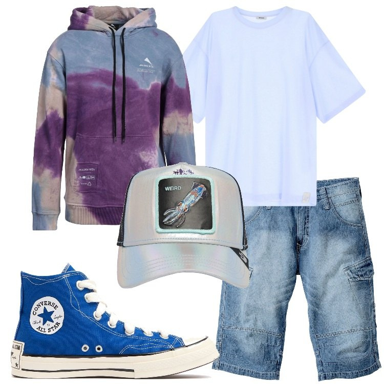 Outfit uomo - Pomeriggio allo skatepark. Stile Casual per Tutti i giorni. Abbinamento con bermuda, felpe con cappuccio, t-shirt, cappelli, sneakers.