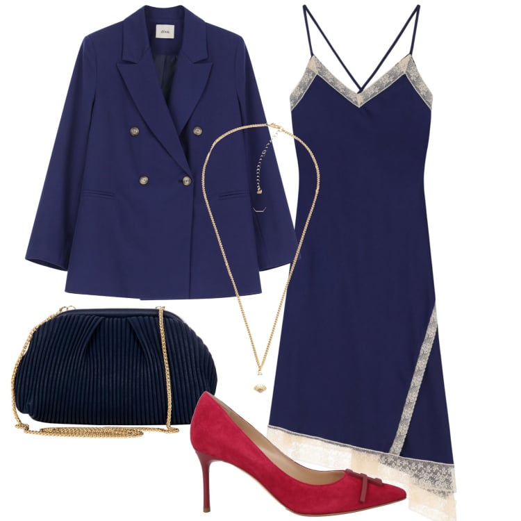 Outfit donna - Sleep dress asimmetrico. Stile Glamour per Serata fuori. Abbinamento con décolleté, collane, pochette, blazer, vestiti asimmetrici.