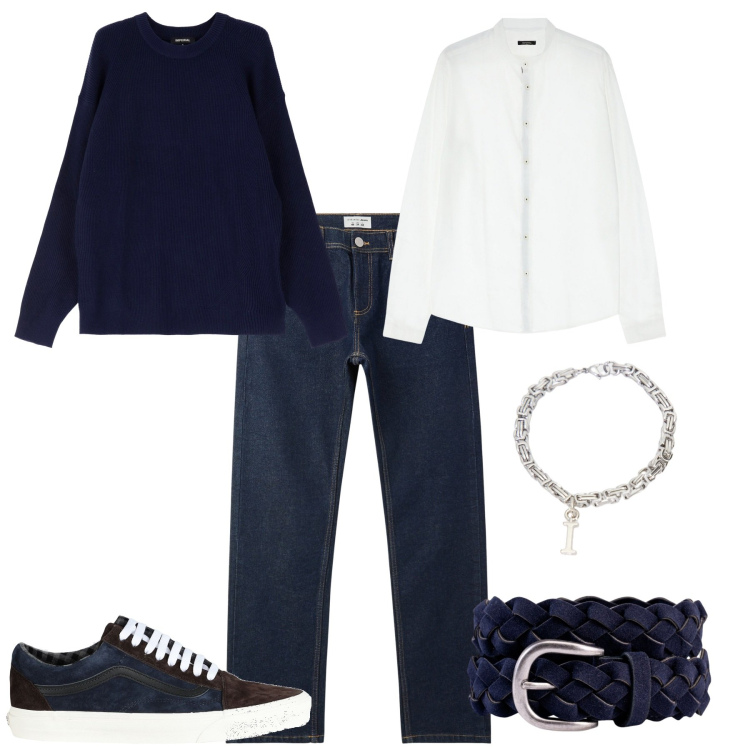 Outfit uomo - Total look #2085973. Stile Trendy per Tutti i giorni. Abbinamento con sneakers, jeans, camicie, braccialetti, pullovers, cinture.