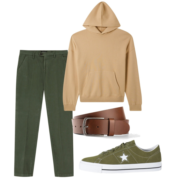 Outfit uomo - Marzo. Stile Casual per Tutti i giorni. Abbinamento con cinture, sneakers, felpe con cappuccio, pantaloni chino.