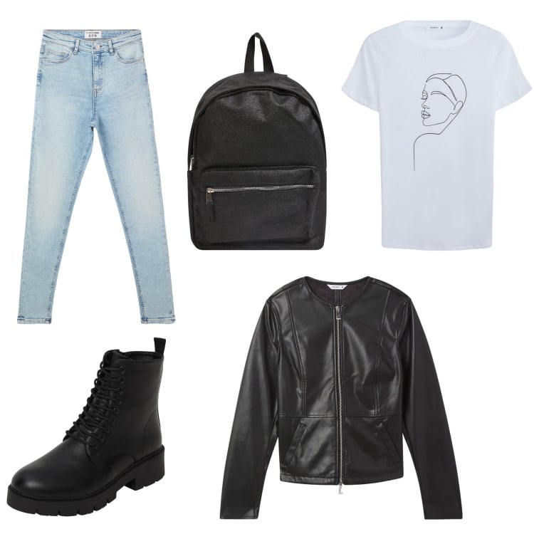 Outfit donna - Total look #2085975. Stile Casual per Tutti i giorni. Abbinamento con zaini, blazer, anfibi, t-shirt, jeans skinny.