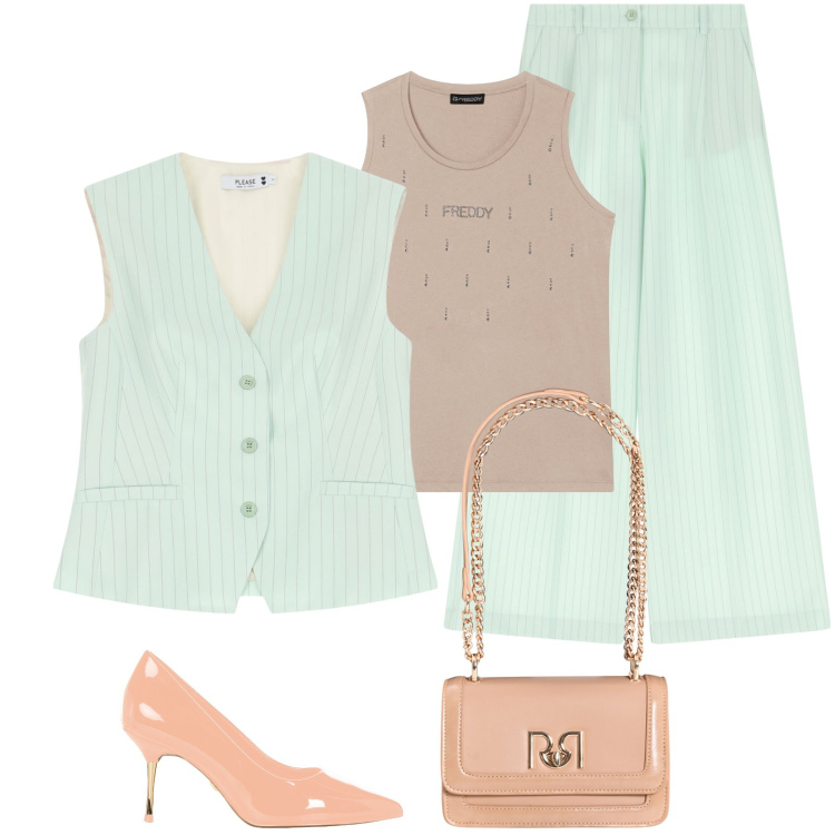 Outfit donna - Cioccomenta. Stile Bon Ton per Serata fuori. Abbinamento con décolleté, borse a tracolla, gilet, pantaloni a palazzo, canottiere.