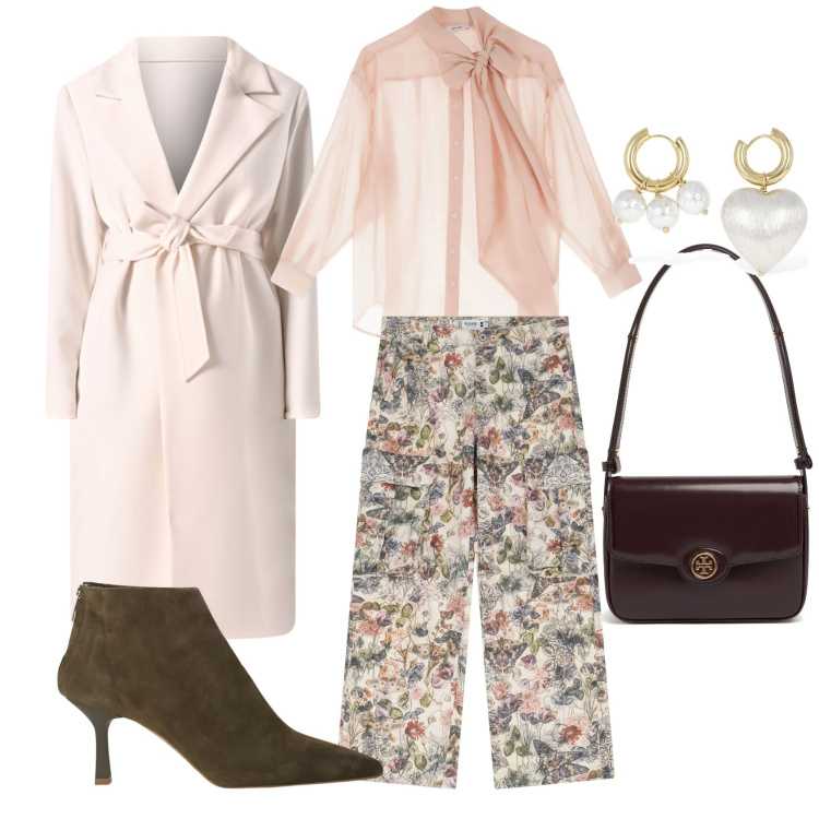 Outfit donna - Pantalone a fantasia. Stile Casual chic per Ufficio. Abbinamento con stivaletti, camicie, cappotti, pantaloni cargo, orecchini, borse a spalla.