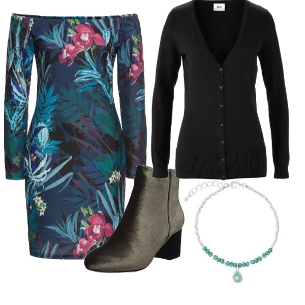 Outfit donna - Flower style, x andare in agriturismo. Stile Etnico per Tutti i giorni. Abbinamento con cardigans, vestito con spalle scoperte, stivali verde, bracciale.