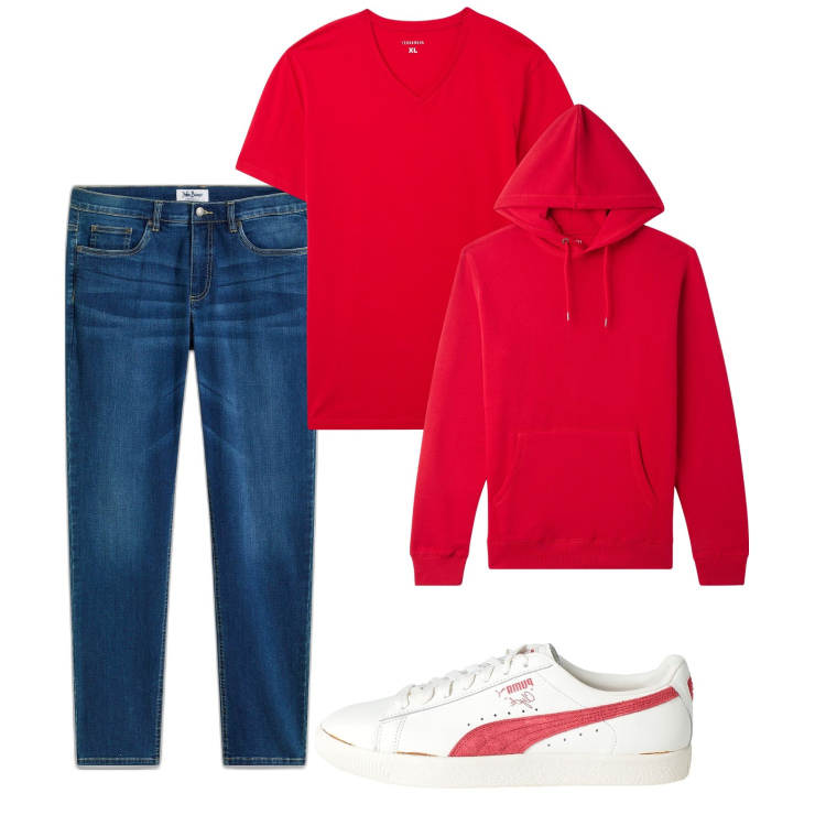 Outfit uomo - Red casual. Stile Casual per Tutti i giorni. Abbinamento con jeans, sneakers, felpe con cappuccio, t-shirt.