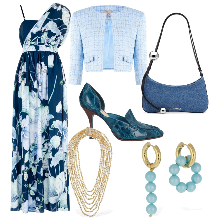 Outfit donna - Total look #2085983. Stile Chic per Cerimonia. Abbinamento con décolleté, vestiti asimmetrici, bolero, collane, borse a spalla, orecchini.