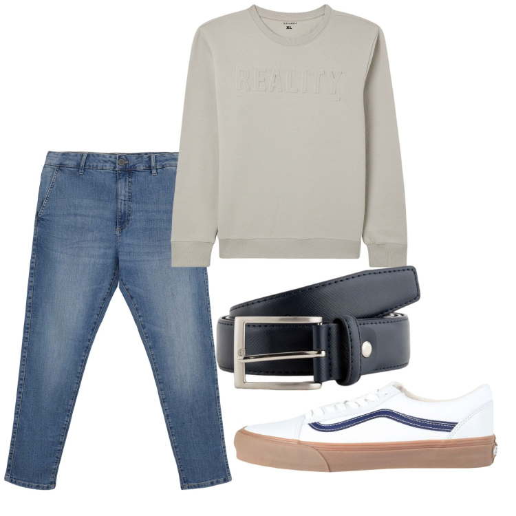 Outfit uomo - Greige. Stile Casual per Tutti i giorni. Abbinamento con sneakers, felpe, jeans skinny, cinture.
