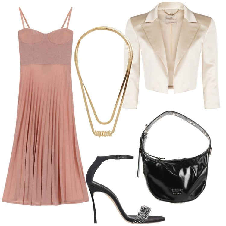 Outfit donna - Abito rosa nude. Stile Chic per Serata fuori. Abbinamento con collane, borse a mano, sandali in pelle, bolero, vestiti midi/longuette.