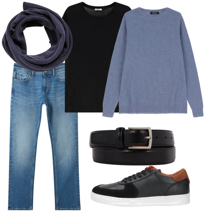 Outfit uomo - Marzo. Stile Casual per Tutti i giorni. Abbinamento con sneakers, jeans, sciarpe, maglieria, t-shirt, cinture.