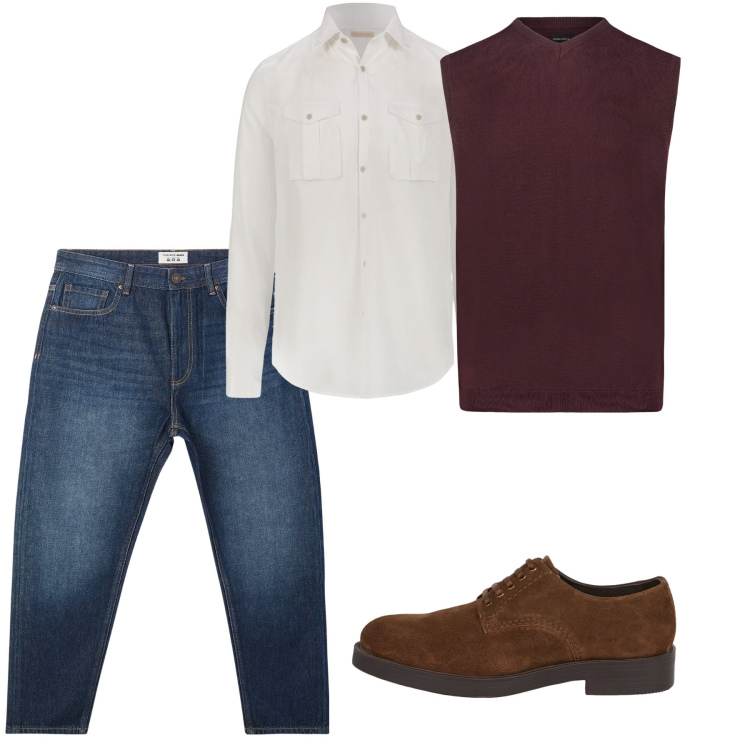 Outfit uomo - Casual in gilet. Stile Casual per Tutti i giorni. Abbinamento con jeans, camicie, gilet, scarpe stringate.