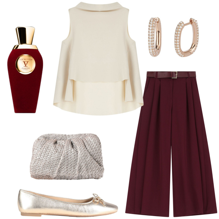 Outfit donna - Total look #2086000. Stile Glamour per Cerimonia. Abbinamento con ballerine, profumi, orecchini, clutch, top, pantaloni a palazzo.