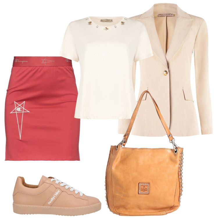 Outfit donna - Dal rosso al beige. Stile Trendy per Tutti i giorni. Abbinamento con minigonne, sneakers, borse a mano, blazer, t-shirt.