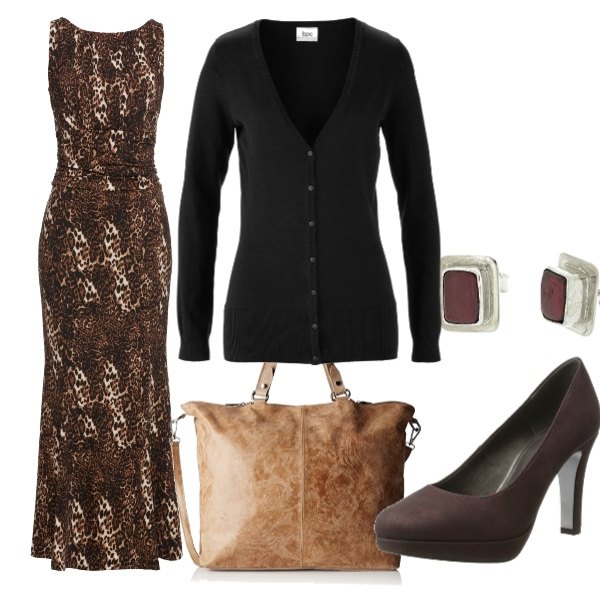 Outfit donna - Savana style. Stile Sexy per Serata fuori. Abbinamento con cardigans, vestito fantasia marrone, scarpe con tacco rosso e bordeaux, borsa a tracolla beige, orecchini in sterling 925 argento.