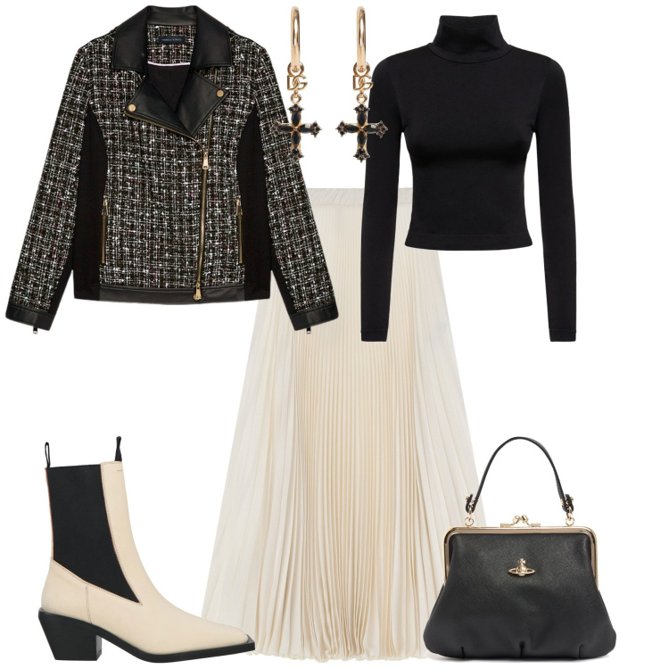 Outfit donna - Rock chic. Stile Glamour per Serata fuori. Abbinamento con stivaletti texani, gonne lunghe, top, borse a mano, orecchini, blazer.