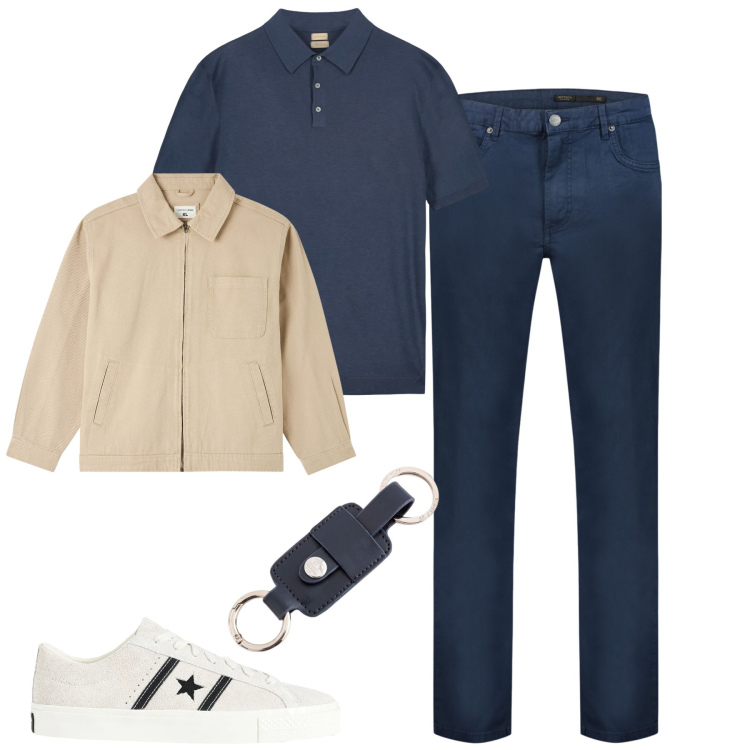 Outfit uomo - City. Stile Urban per Tutti i giorni. Abbinamento con sneakers, giacche, portachiavi, pantaloni, polo.