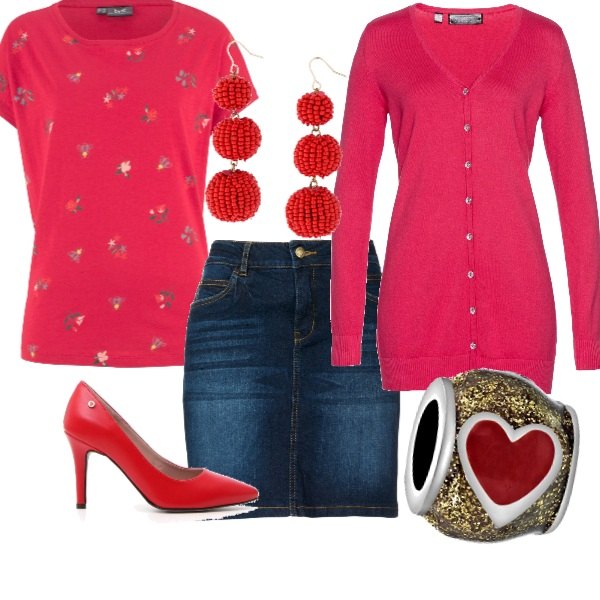 Outfit donna - Rosso natalizio. Stile Urban per Tutti i giorni. Abbinamento con gonne, maglia fantasia a maniche corte rosso, cardigan a maniche lunghe, orecchini a goccia rosso, bead charm, décolleté.