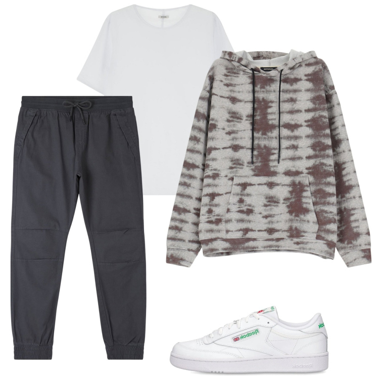Outfit uomo - Urban grey. Stile Urban per Tutti i giorni. Abbinamento con pantaloni, t-shirt, felpe con cappuccio, sneakers.