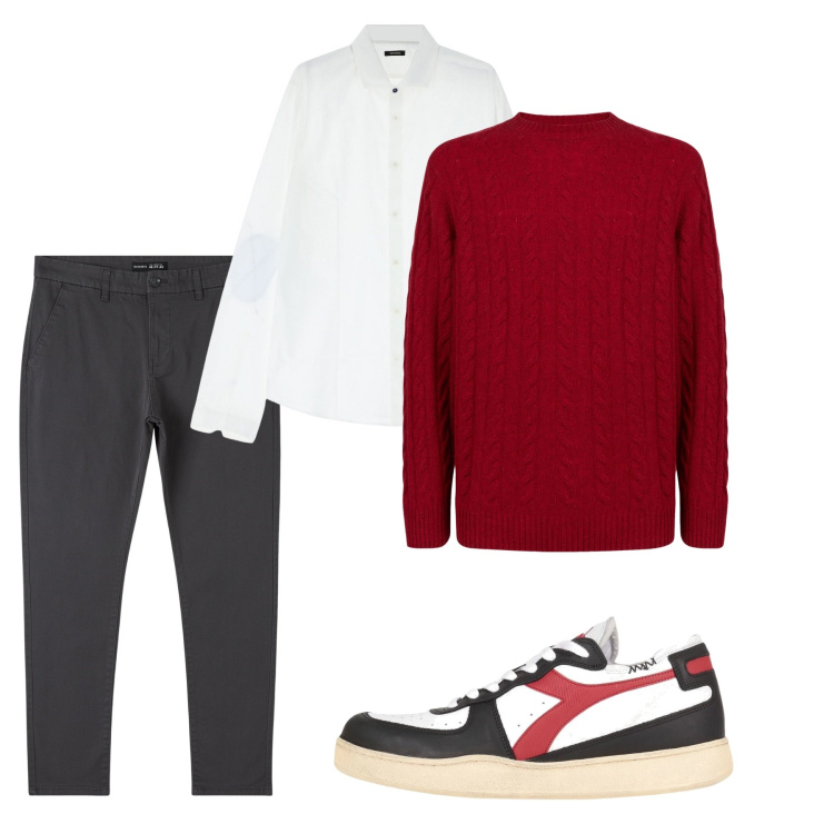 Outfit uomo - Weekend. Stile Casual per Tutti i giorni. Abbinamento con sneakers, pantaloni chino, camicie, maglieria.