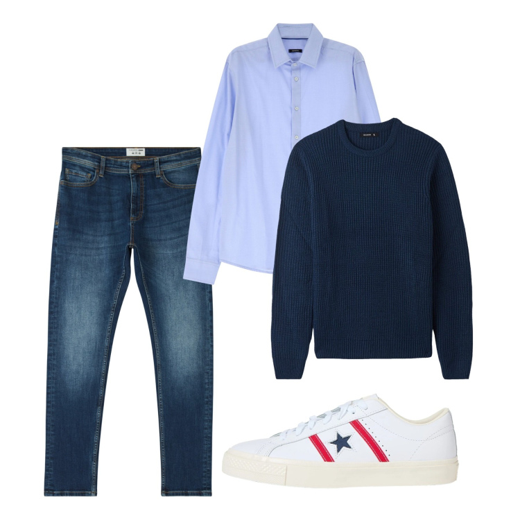 Outfit uomo - Fine settimana. Stile Casual per Tutti i giorni. Abbinamento con sneakers, jeans skinny, maglieria, camicie.