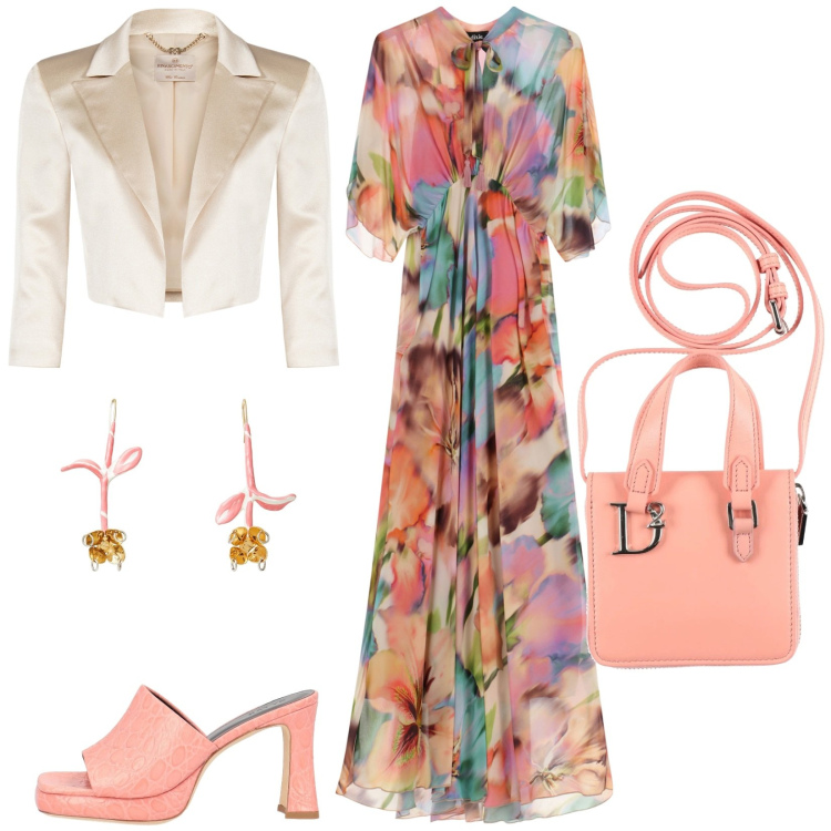 Outfit donna - Elegante per una serata primaverile. Stile Chic per Serata fuori. Abbinamento con orecchini, sandali in pelle, portafogli, bolero, vestiti lunghi.