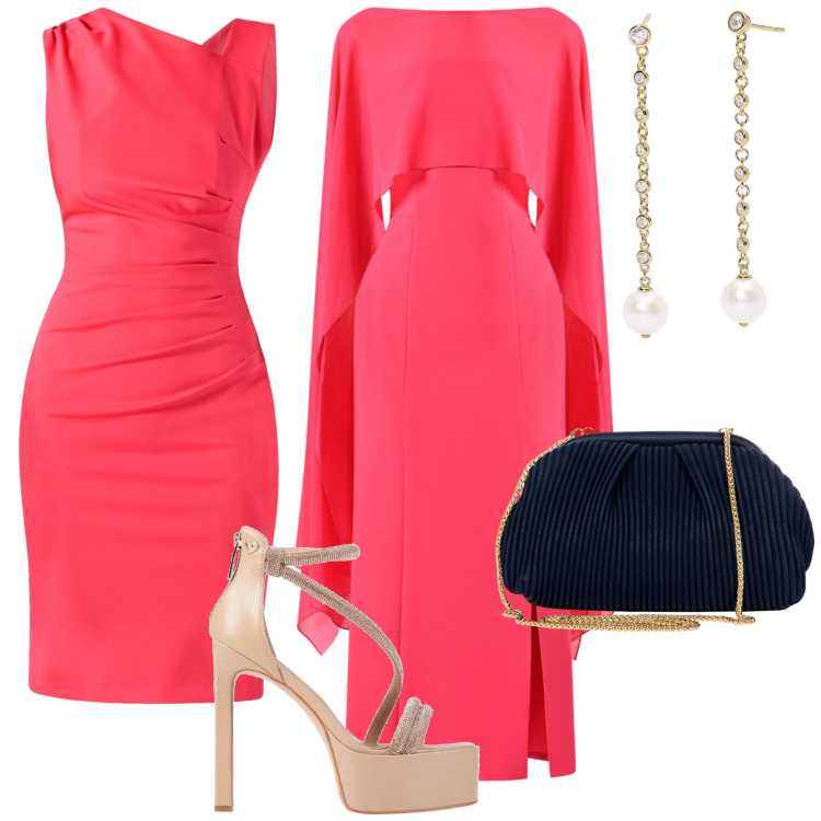 Outfit donna - Nozze ad aprile. Stile Bon Ton per Cerimonia. Abbinamento con sandali col tacco, vestiti, vestiti asimmetrici, pochette, orecchini.