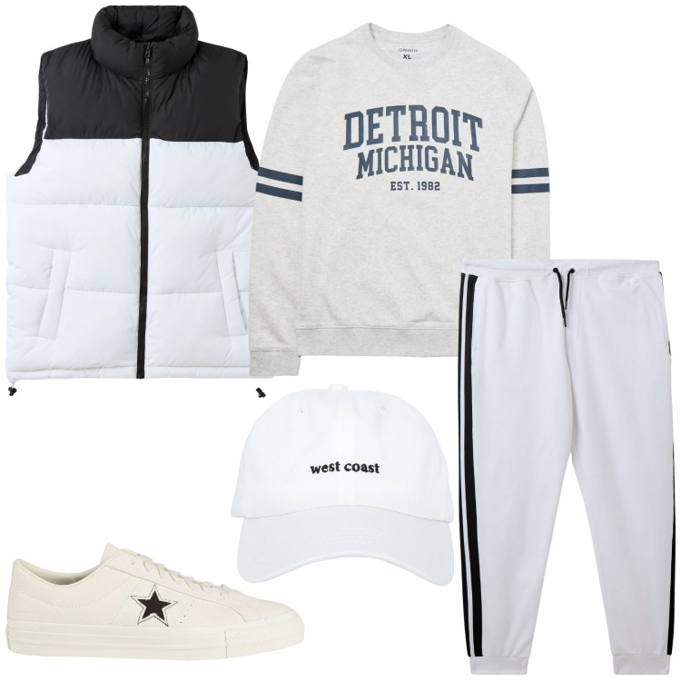 Outfit uomo - White. Stile Casual per Sport. Abbinamento con sneakers, piumini, pantaloni, felpe, cappelli.