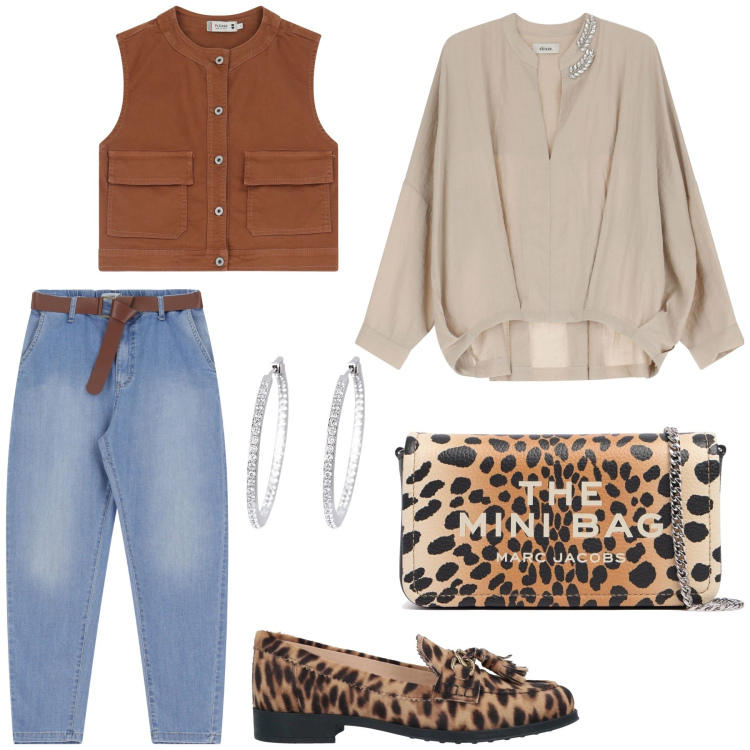 Outfit donna - Anima rock. Stile Sporty chic per Tutti i giorni. Abbinamento con mocassini, orecchini, gilet, jeans, camicie, pochette.