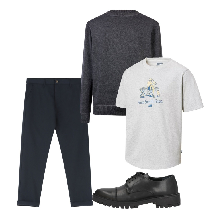 Outfit uomo - Marzo. Stile Casual per Tutti i giorni. Abbinamento con scarpe stringate, t-shirt, pantaloni chino, maglieria.